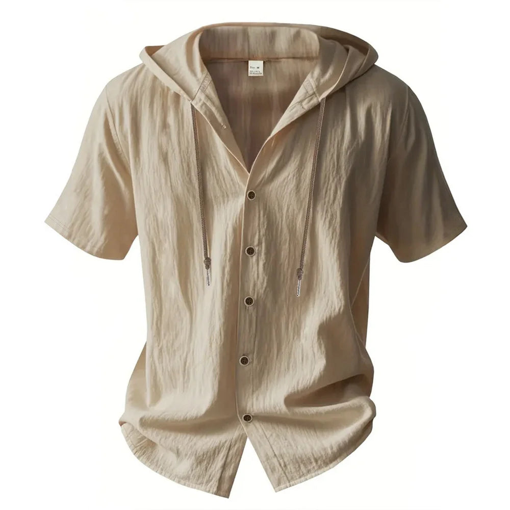 Men's Cotton Linen Hooded Short Sleeve Solid Color Breathable Lightweight Drawstring Design Shirts Casual Basic Tees