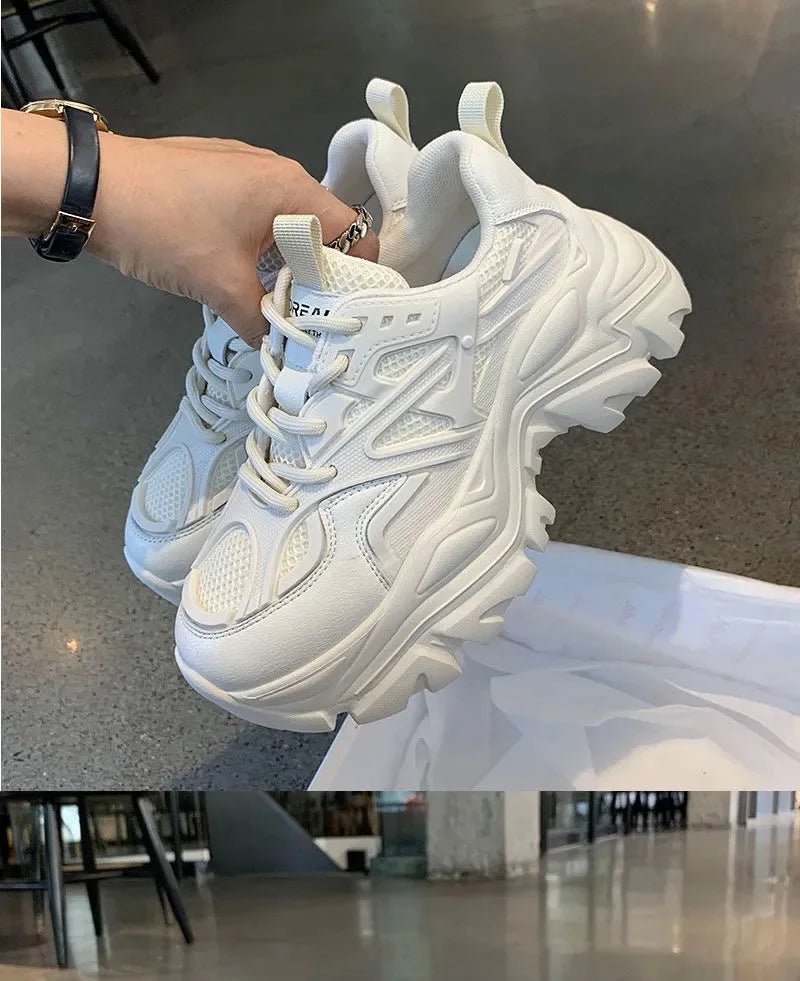 2024 New Summer Black Chunky Casual Sneakers Women New Fashion Platform Sport Shoes Mesh Leather Platform Shoes