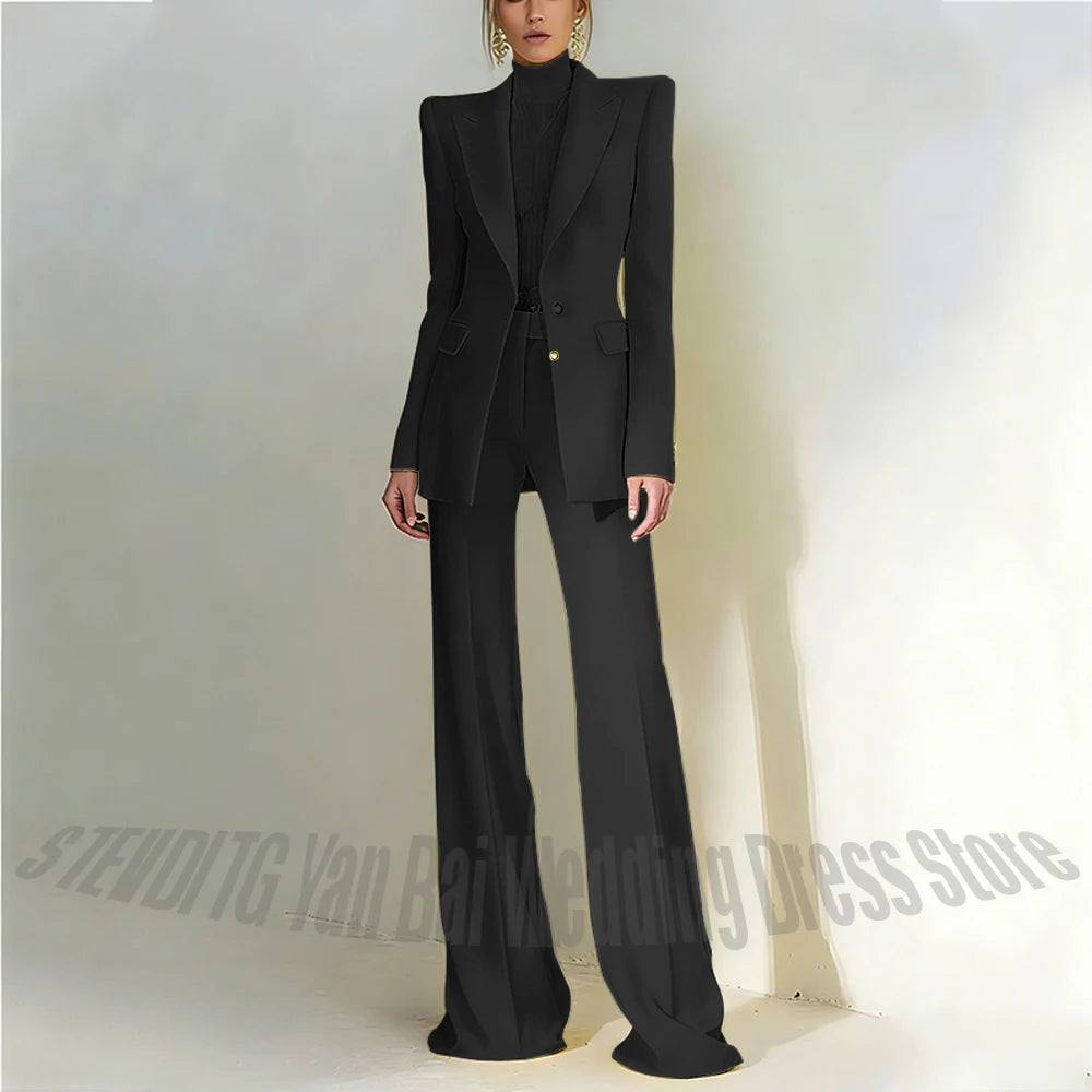 Women's Pant Suit 2 Piece Set Office Female Business Work Formal Jacket Trouser One Button Chic Yellow Peaked Lapel Elegant Suit