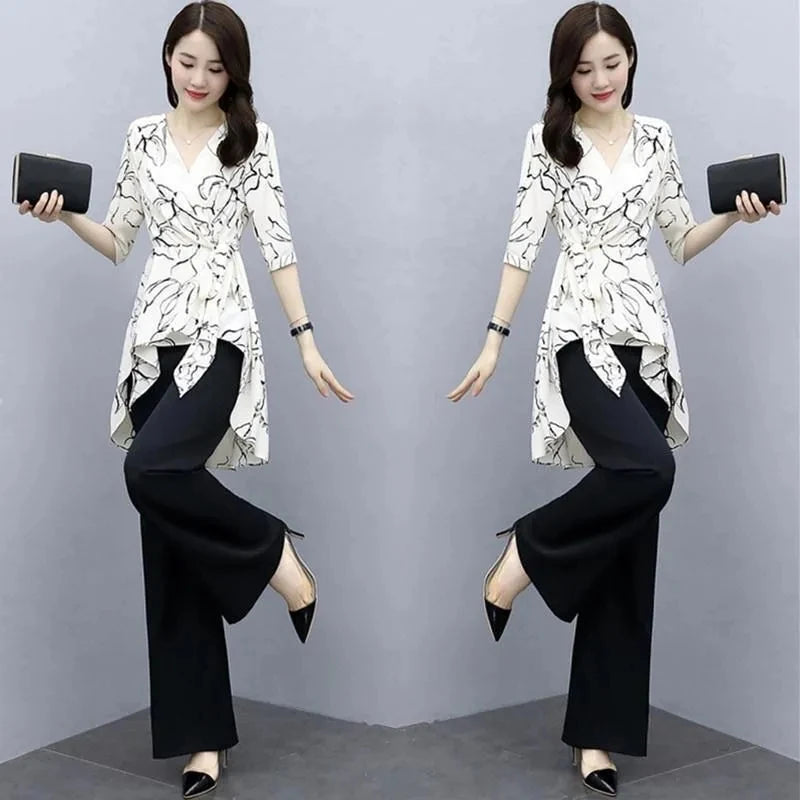 Ensemble 2 Pièces Femme Casual Imprimé | Top Manches Courtes & Pantalon Large | Été Blanc | Jusqu'au 4XL