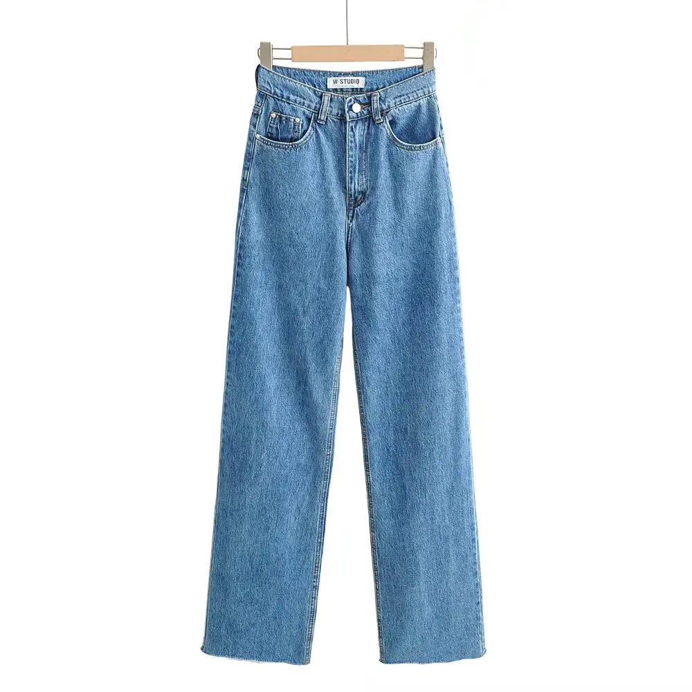 Jean Femme Taille Haute 2025 | Printemps-Automne | Décontracté Droit | Ourlet Brut Longueur Sol | Vintage