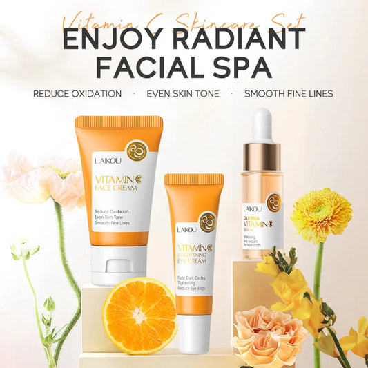 LAIKOU Vitamin C Skin Care Sets 3pcs Face Cream Serum Eye Cream Moisturizing Anti-Wrinkle Facial Care Kit