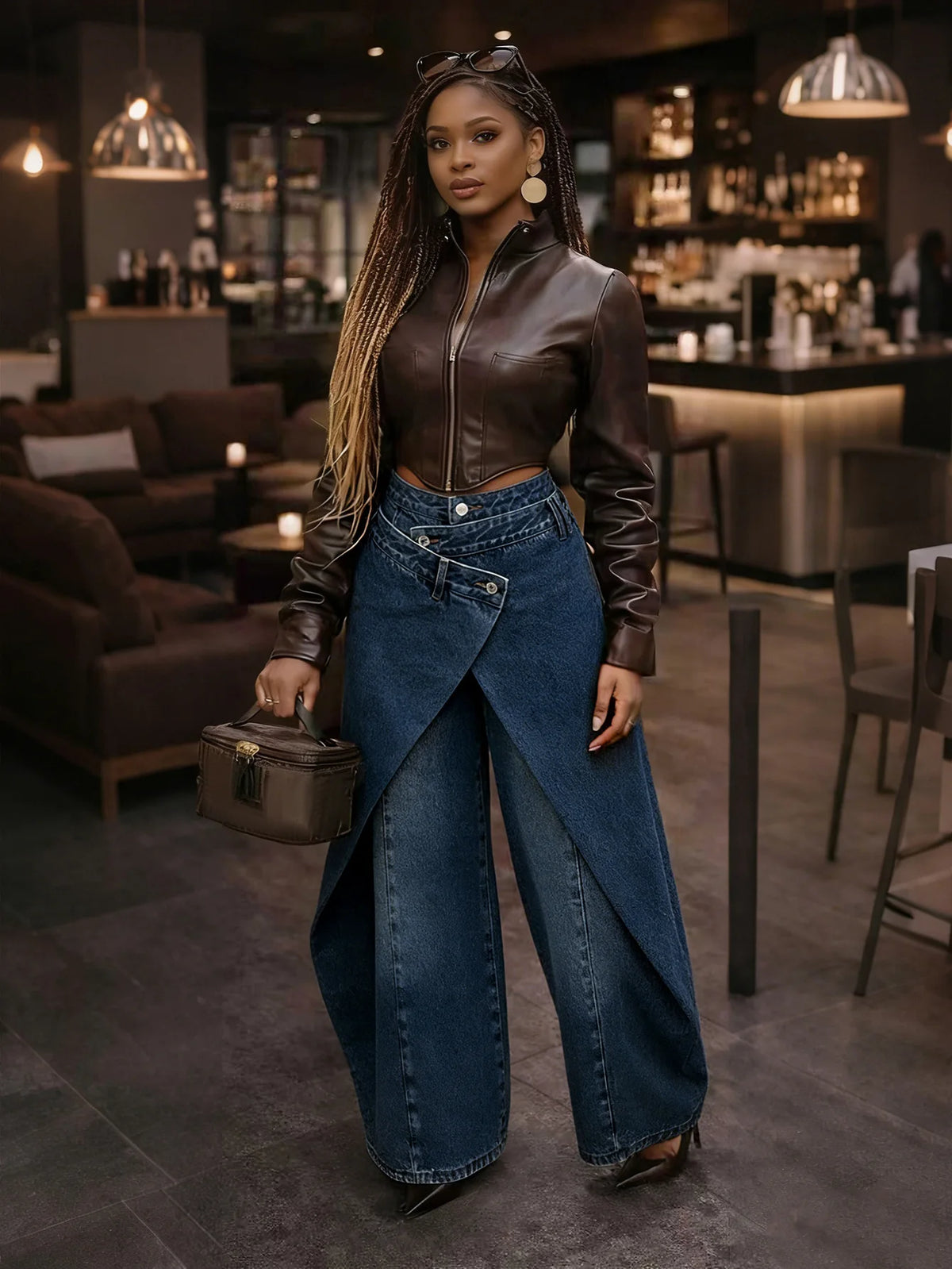 Vintage Washed Denim Wide Leg Pants Women Asymmetrical Wrap Overlap High Waist Y2K Streetwear Casual Fashion Baggy Jeans