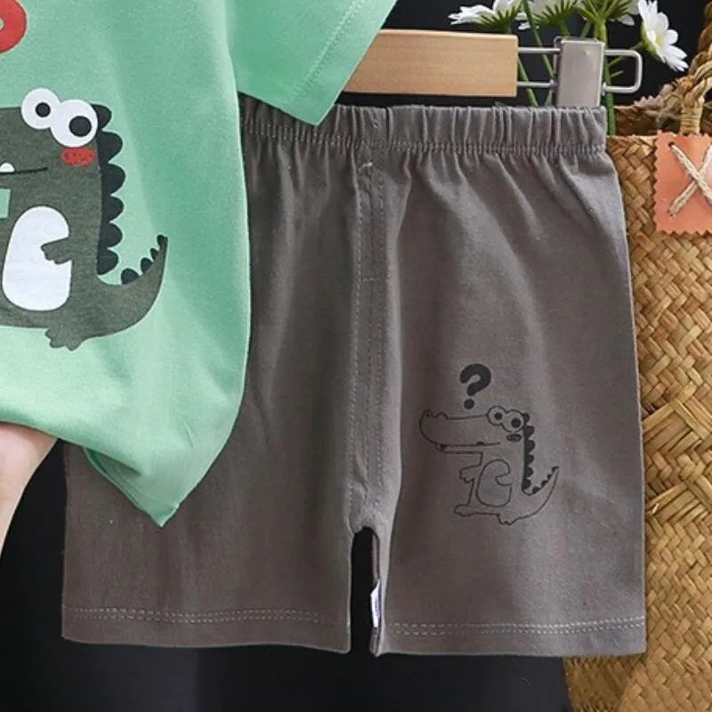 Pyjama 2 Pièces Enfant Coton | T-Shirt & Short Été | Cartoon Ours & Dinosaure | 1-4 Ans