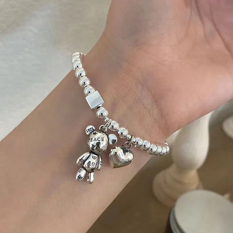 Bracelet Argent 925 Perles Ours Mignon | Pendentif Charme | Bijou Femme Fête & Anniversaire