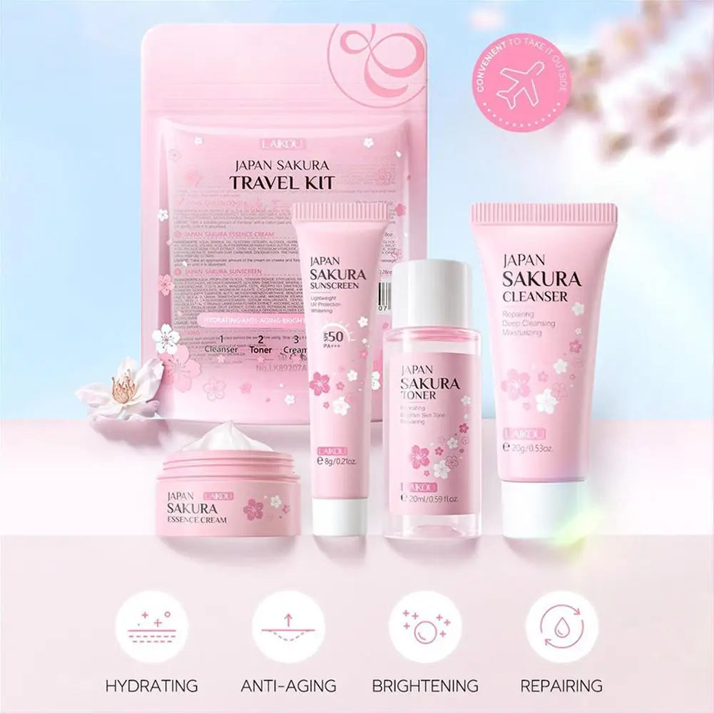 Sakura skin care sets with cleanser, serum, eye cream, facial cream, beauty products for women, travel skin care kit