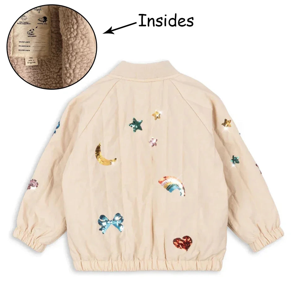 Manteau Polaire Paillettes Fille | Laine d'Agneau | Broderie Garçon | Vêtement Enfant Hiver