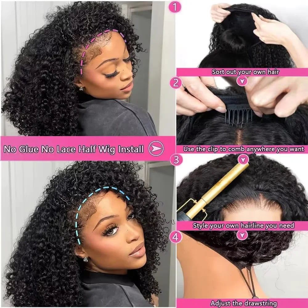 Perruque Kinky Curly Birmane | 300% Densité | 3-en-1 Demi-Perruque | Glueless | Cheveux Humains Brésiliens