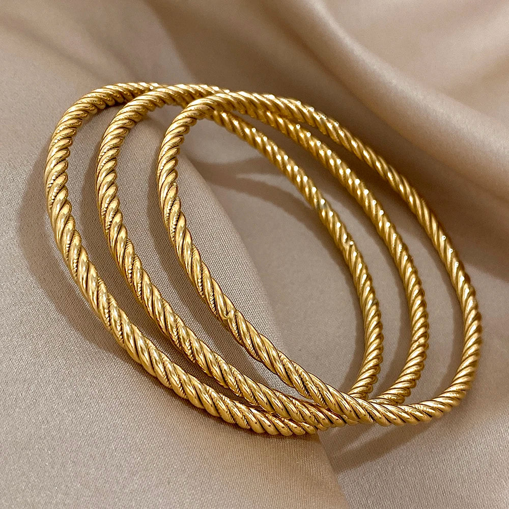Lot 3 Bracelets Jonc Torsadés | Plaqué Or 18k Acier Inoxydable | Empilés Tendance | Bijou Femme Imperméable