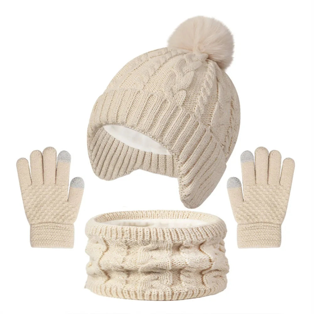 3pcs Kids Winter Warmth Set with Hat, Scarf & Gloves - Soft Pink &, Machine Washable, Polyester-Filled, Perfect for Outdoor
