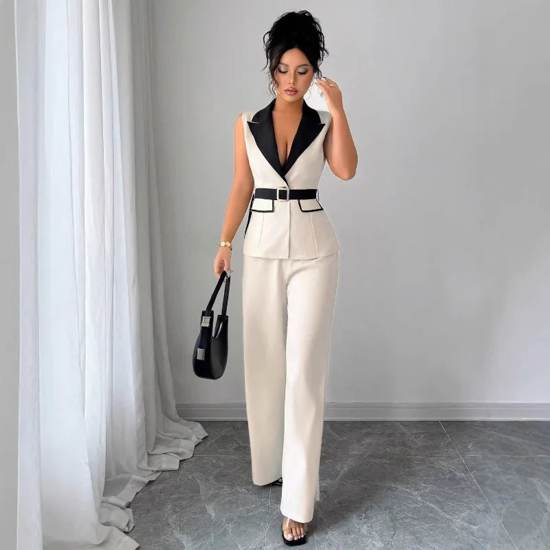 Ensemble gilet blazer sans manches élégant pour femme avec pantalon large et ceinture