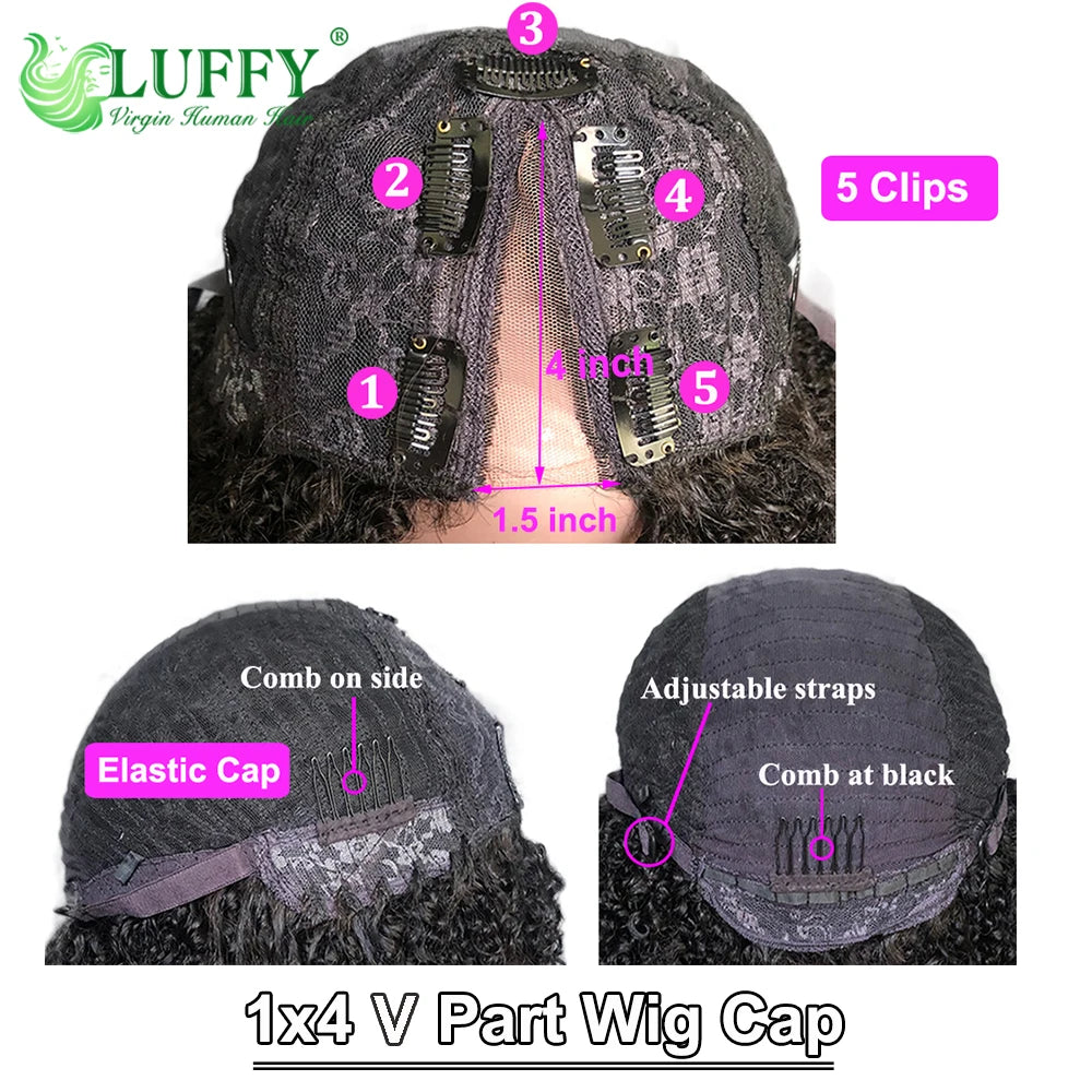 Perruque Afro Kinky Curly U/V Part | 1x4 | 200% Densité | Sans Laisse | Cheveux Humains Brésiliens | Femmes Noires