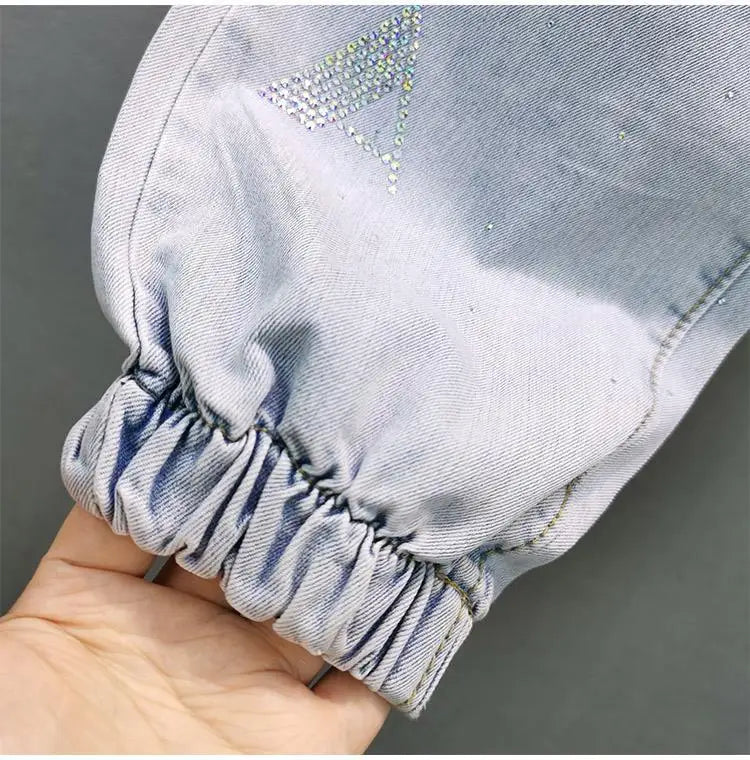High-Waisted Jeans For Summer 2026 New Loose Elastic Waist Hot-Pressed Diamond Pants Women's Casual Denim Trousers