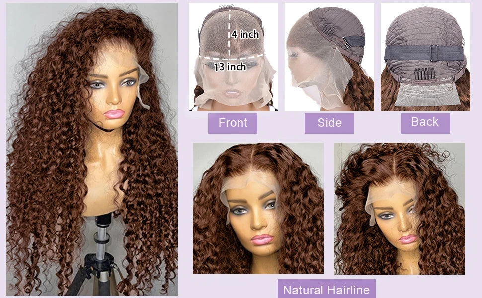 250 Density Chocolate Brown Deep Wave Human Hair Wig 30-38 Inch Transparent Lace Frontal Wigs 13x6 Lace Front Water Curly Wigs