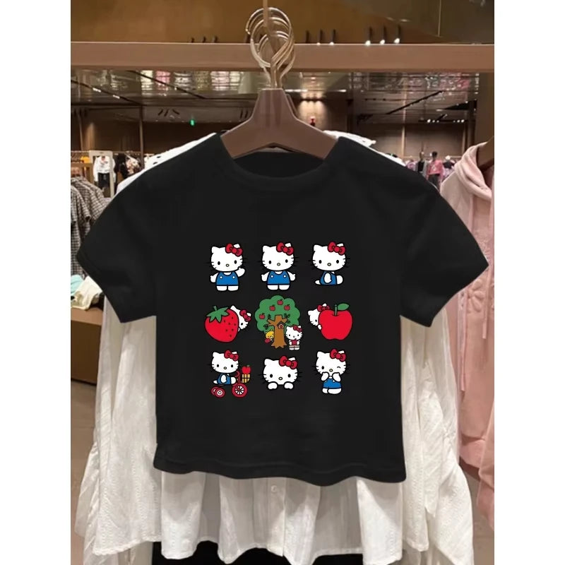 2026 New Summer Collection: Hello Kitty Cartoon Kids' Fashion T-Shirt  Pure Cotton, Printed, Cute Short Sleeve Tops