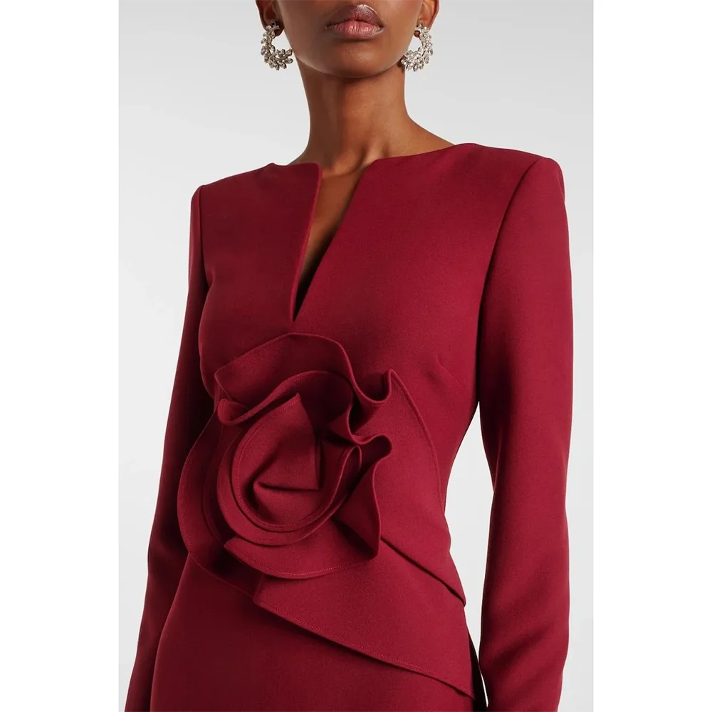 Elegant Evening Dress Customized V-Neck Long Sleeves Modern Jersey Evening Gowns Pleated Flower Straight Prom Dresses