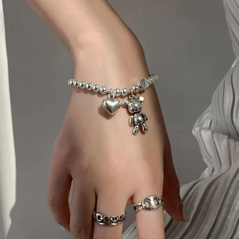 Bracelet Argent 925 Perles Ours Mignon | Pendentif Charme | Bijou Femme Fête & Anniversaire