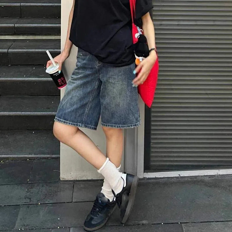 Short Jean Taille Haute Large Femme | Vintage Streetwear | Jambe Large Genou | Casual Été