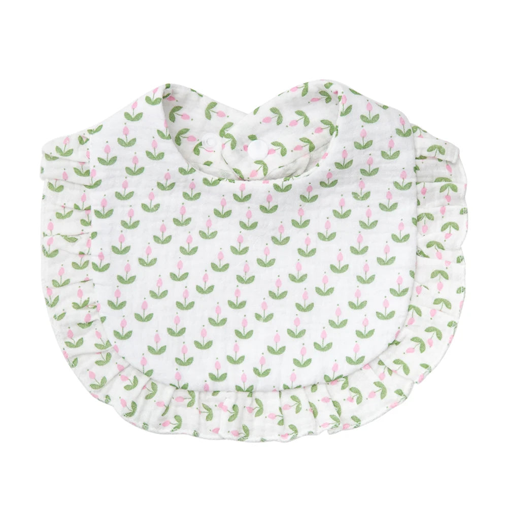 Flower Print Baby Bibs Adjustable Snap Saliva Towel Ruffled Edge Muslin Cotton Burp Cloths Rainbow A Grade Girls Feeding Scarf