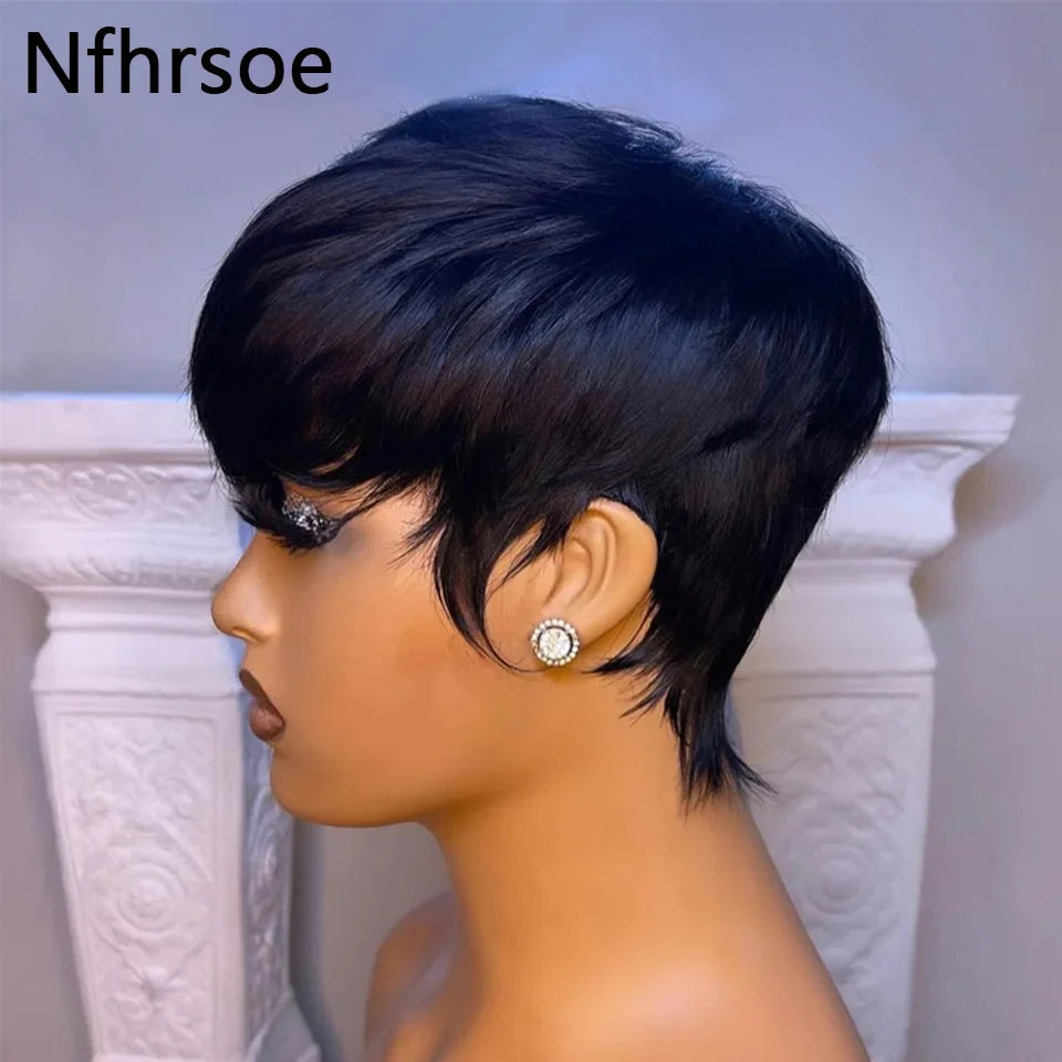 Short Straight Bob Wig Pixie Cut Wigs Human Hair For Black Women With Bangs Brazilian Virgin Hair Non Lace Front Cheap Wig Black