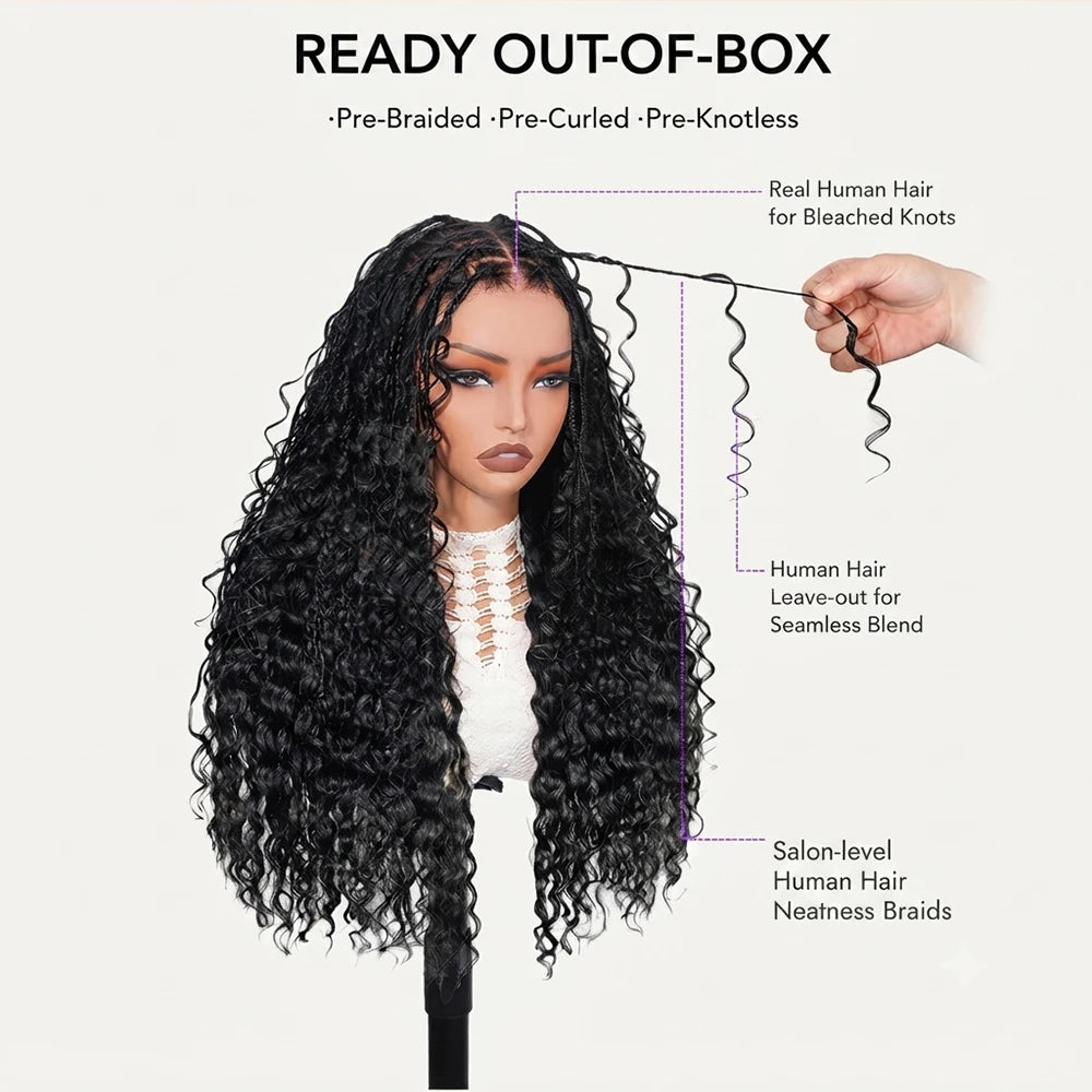 Glueless Knotless Braided Wigs Water Wave 13x6 HD Lace Human Hair Frontal Wigs Pull Go Glueless Wigs Human Hair With Drawstring