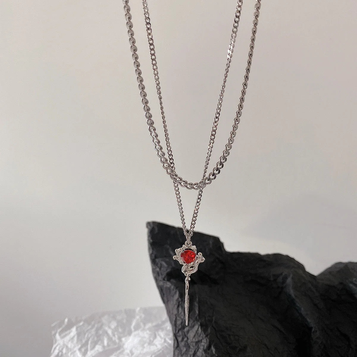 Two-Layer Mixed Chain Silver Necklace, Irregular Frame Red Crystal Thorn Pendant Gothic Cool Stack Collarbone Jewelry for Women