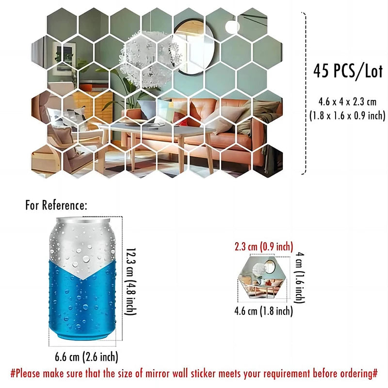 45-piece Mirror Wall Sticker, Hexagon Wall Art Sticker, DIY Home Decorative Tile Sticker