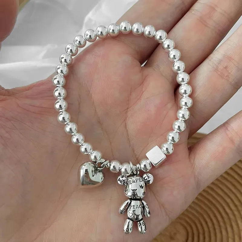 Bracelet Argent 925 Perles Ours Mignon | Pendentif Charme | Bijou Femme Fête & Anniversaire