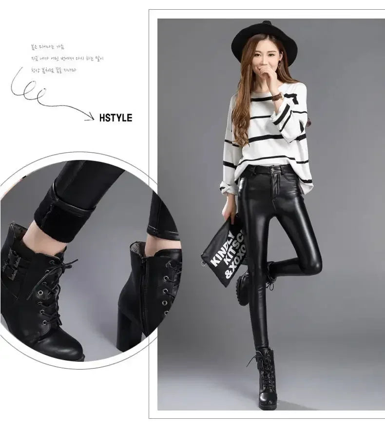 Pantalon Femme Cuir PU Cachemire | Taille Haute Slim Chaud | Polaire Intérieure | Automne-Hiver 2024 | Noir | S à XXXL
