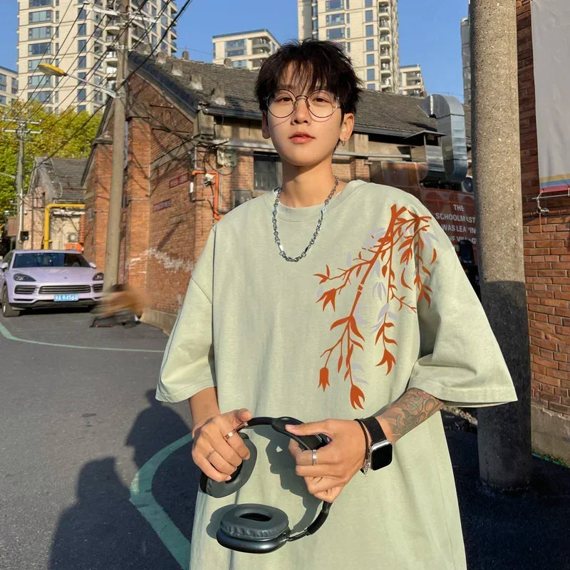 T-Shirt Homme Oversize Coton | Blanc | Imprimé Bambou | Jusqu'au 5XL | Casual Été Mode