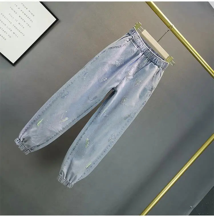 High-Waisted Jeans For Summer 2026 New Loose Elastic Waist Hot-Pressed Diamond Pants Women's Casual Denim Trousers