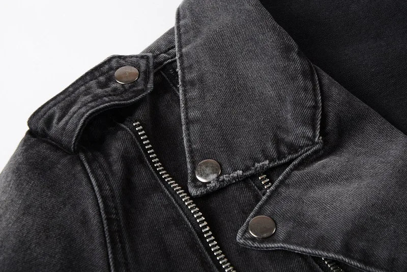 Veste Jean Homme Automne-Hiver | Style Américain Retro High Street Punk | Slim Déchiré Motard