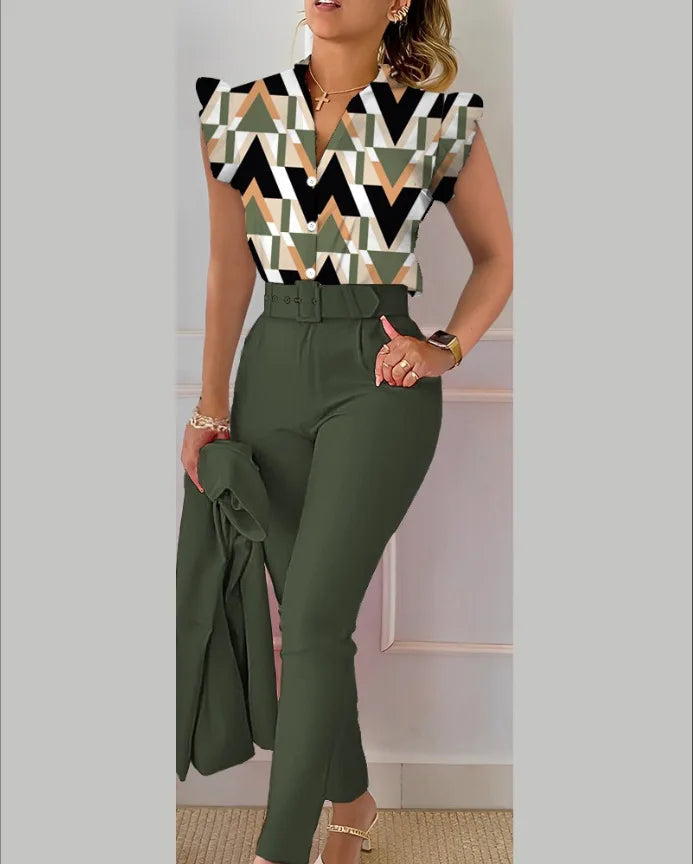 Women's Elegant Slim Two-Piece Sets Summer Fashion Print V Neck Button Flying Sleeve Shirt Top & Solid Long Pants Suits With Belt