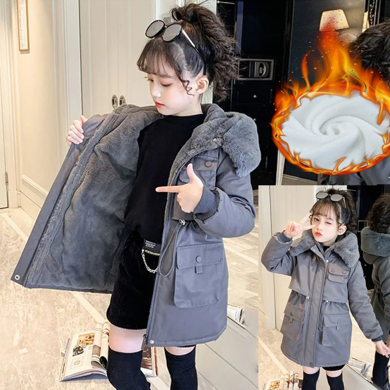 Thick Girls' Jackets Plush Velvet Fur Collar Kids' Coats Children's Winter Warm Hooded Outerwear Teenager Fashion Padded Parka