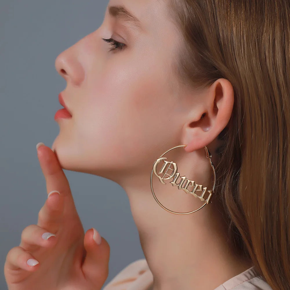 New Simple Big Circular Hyperbole Personalized Letter Hoop Earrings For Women Fashion Hollow Round Jewelry Gift