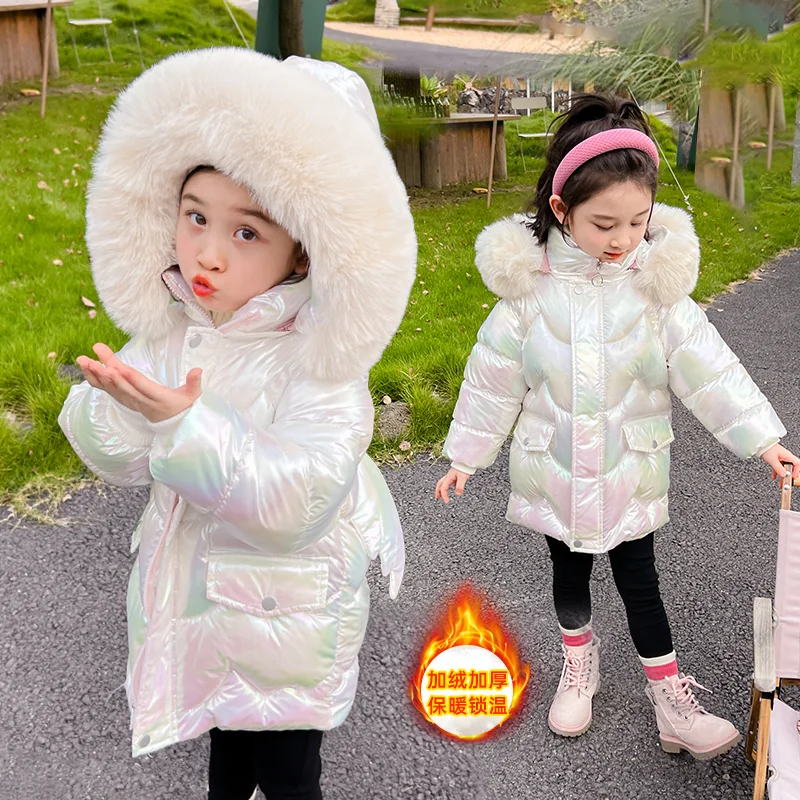 Doudoune Longue Fille Licorne | Imperméable Brillante | Col Fourrure Capuche | Parka Enfant Hiver