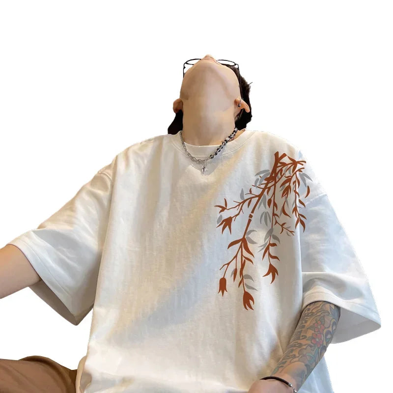 T-Shirt Homme Oversize Coton | Blanc | Imprimé Bambou | Jusqu'au 5XL | Casual Été Mode