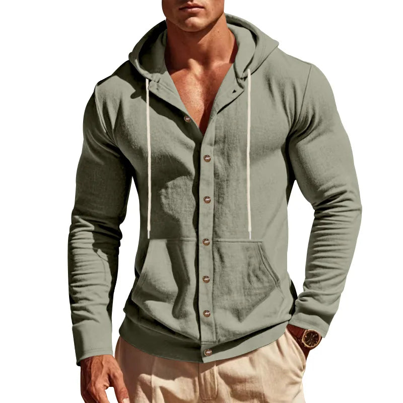 Men's Linen Hoodie Shirt Casual Slim Fit Hooded Long Sleeve Solid Button Down T-shirt Tops New Men Spring Summer Vacation Shirts