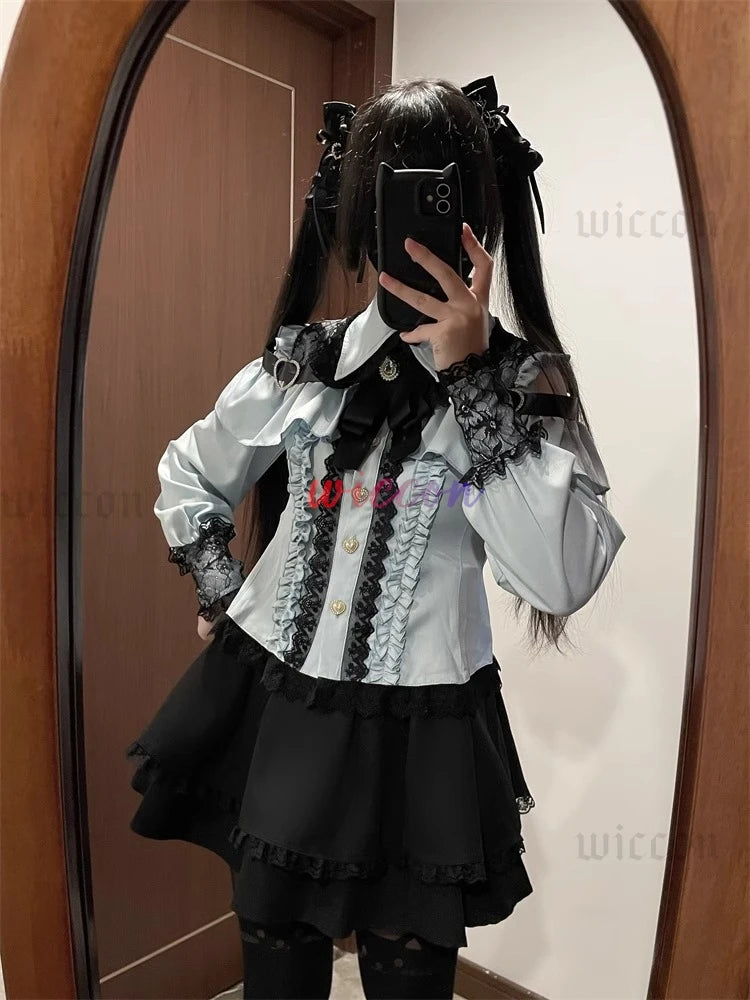 Jirai Kei Outfit Lolita Girls Shirt Skirt Set Women Kawaii Bow Long Sleeve Y2K Casual Aesthetic Shirt Japanese Style Women