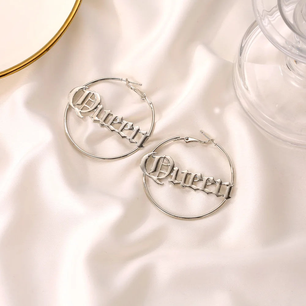 New Simple Big Circular Hyperbole Personalized Letter Hoop Earrings For Women Fashion Hollow Round Jewelry Gift