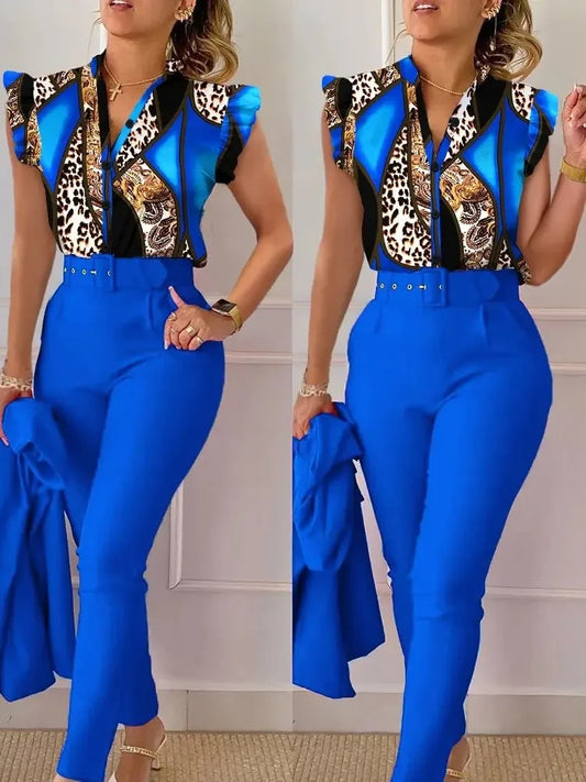 Ensemble Élégant Femme Slim 2 Pièces Été | Imprimé Col V Manches Volantes Top & Pantalon Long | Avec Ceinture