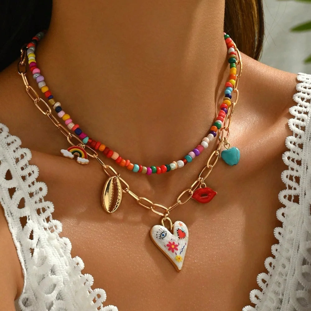 Collier Perles Bohème Multicouche Fait Main | Tassel Coloré Pendentif | Bijou Femme Accessoire