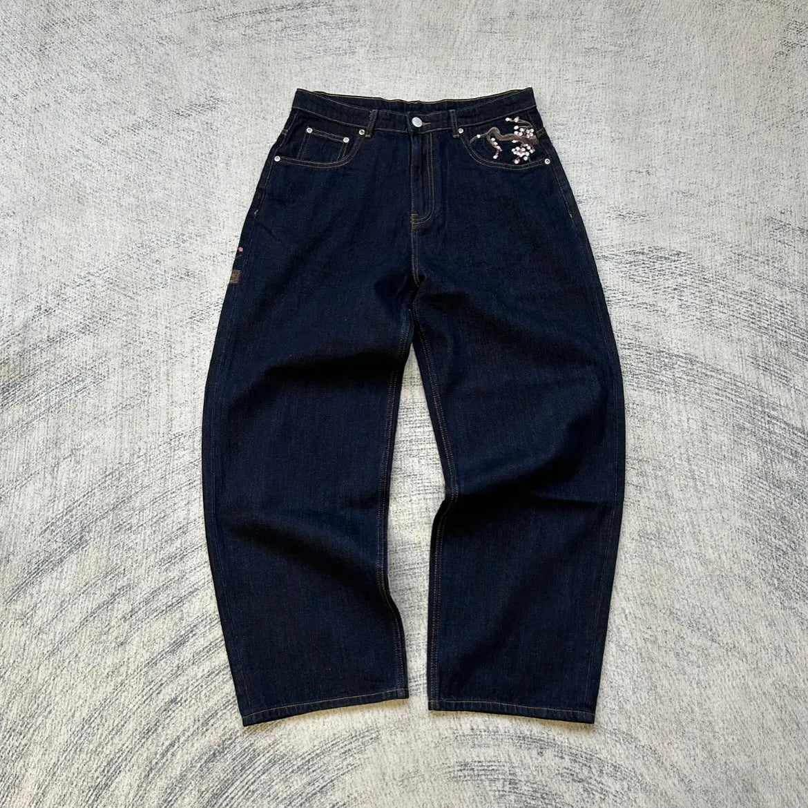 Jean Taille Basse Hip Hop | Fleurs Cerisier Brodé | Jambe Large Unisexe | Y2K Vintage Baggy