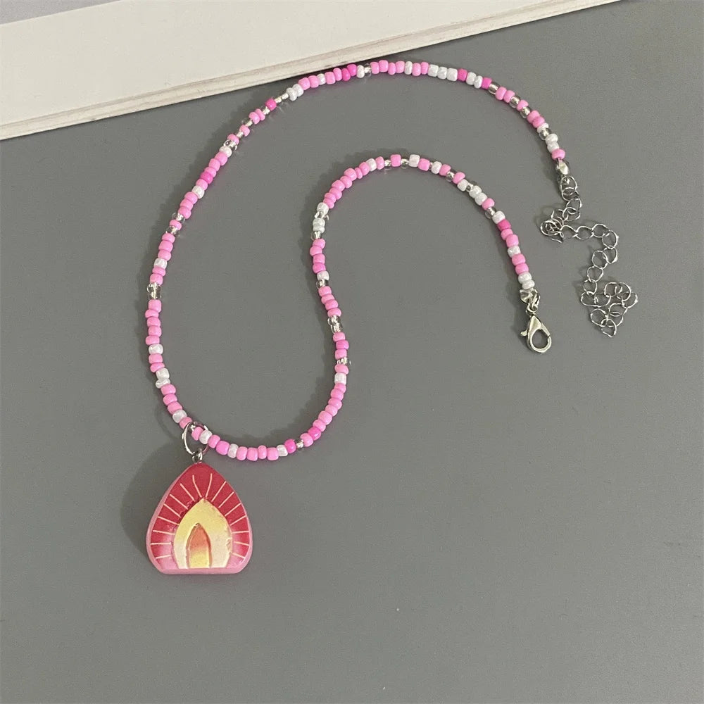 Collier Pendentif Fruits Fait Main | Perles Riz Bohème | Choker Pastèque Citron Fraise | Bijou Fille Femme