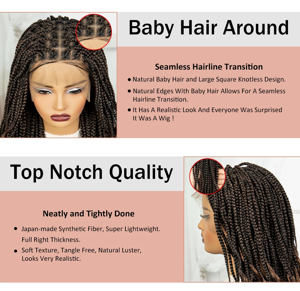 Perruque Tressée 360 Full Lace Synthétique | Knotless Box Braids | Baby Hair | Boho Boucles Extrémités | Femme
