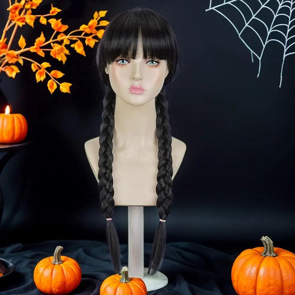 Double Ponytail Braided Wig For Wednesday Wigs Halloween Gothic Costume Braids Anime Double Black Synthetic Braided With Bangs