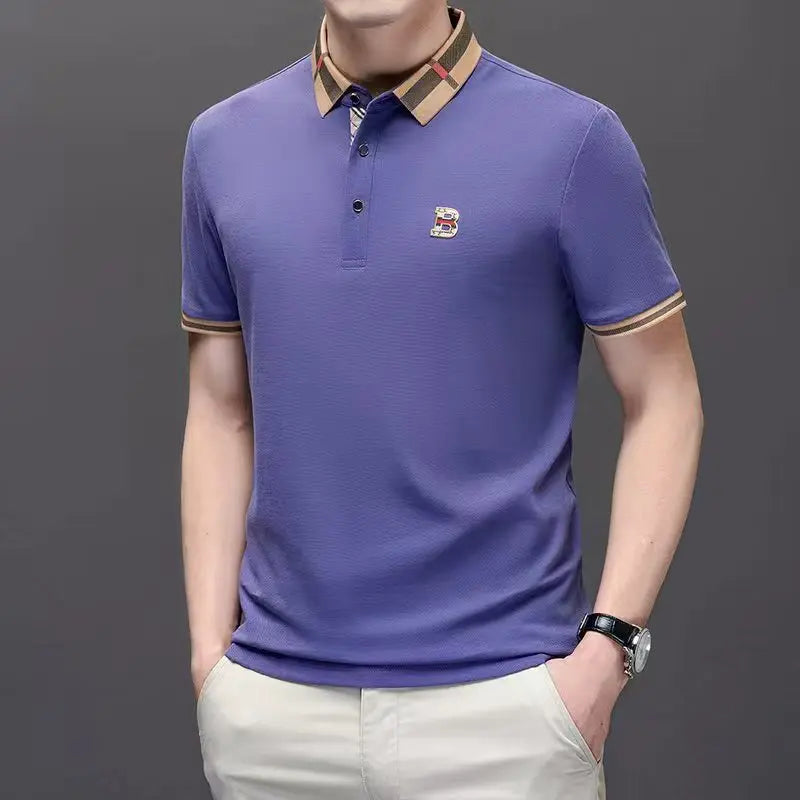 Luxury brand logo short-sleeved polo shirt for men's summer new high-end silk-cotton breathable casual fashion T-shirt clothing