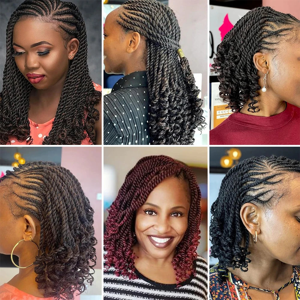 Tresses Senegalese Twist Ondulées Crochet | 8 Pouces | Bouts Bouclés | Noir Synthétique | Lot 8 Paquets
