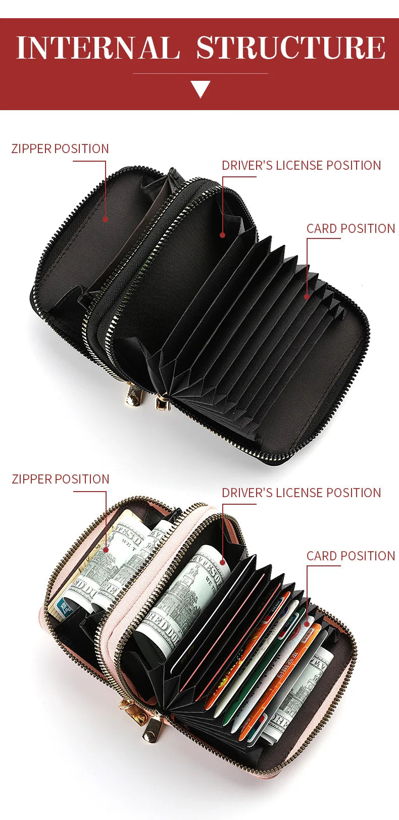 Women's Double Zipper Wallet Fashion Short Credit Card Holder with Large Capacity Coin Purse
