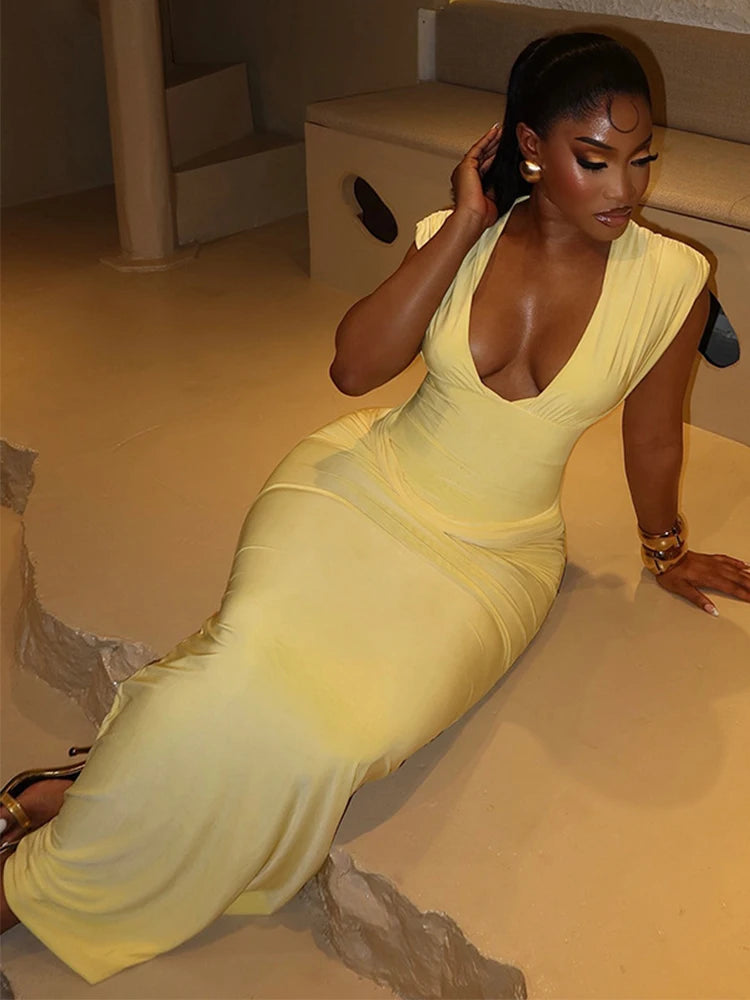 Robe Maxi Bodycon Jaune Froncée | Col V Sans Manches | Slim Longue | Soirée & Club | Femme